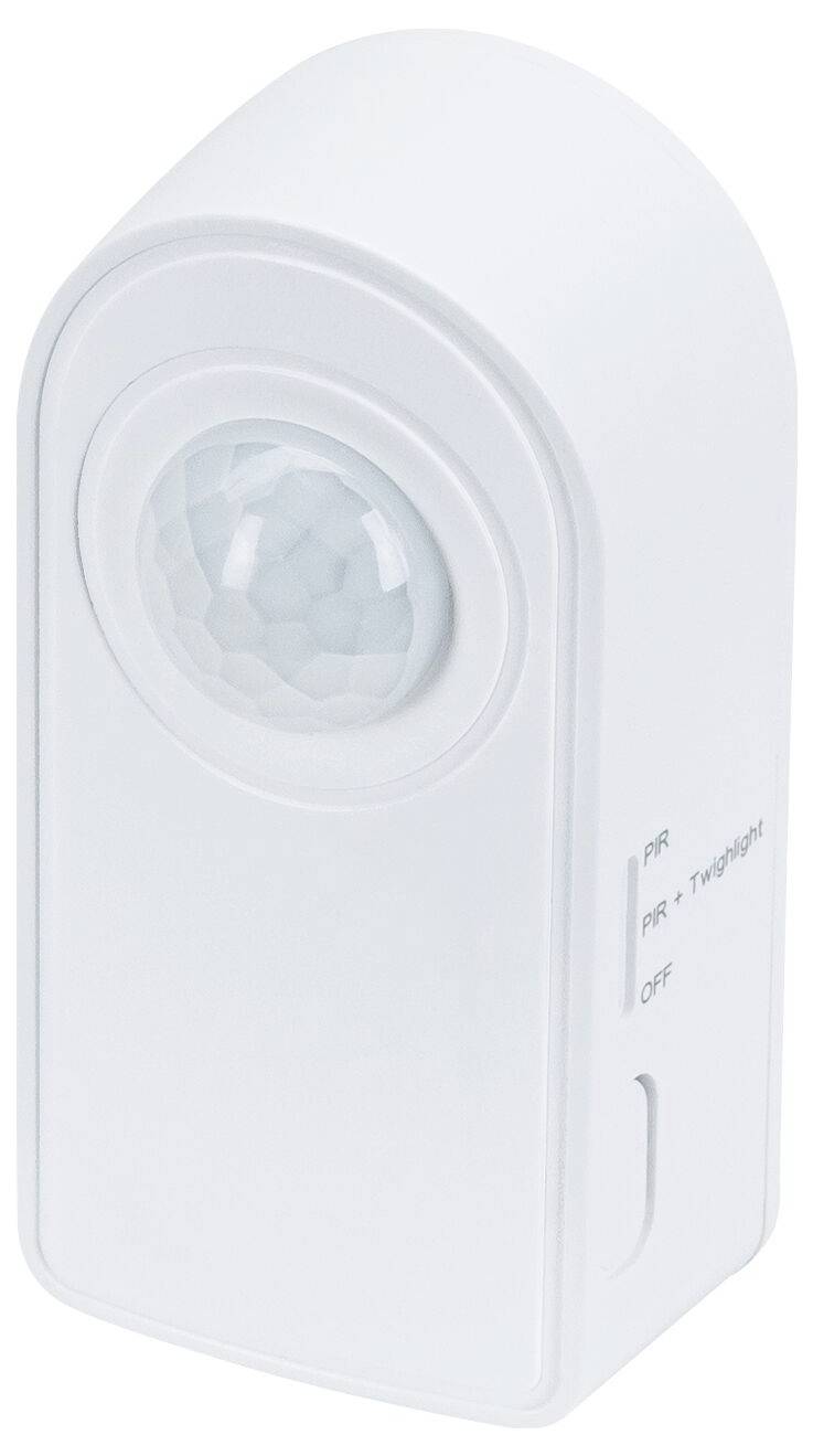 Vit insticksbar rörelsesensor nattlampa med PIR och AV-strömbrytaretikett på sidan.
