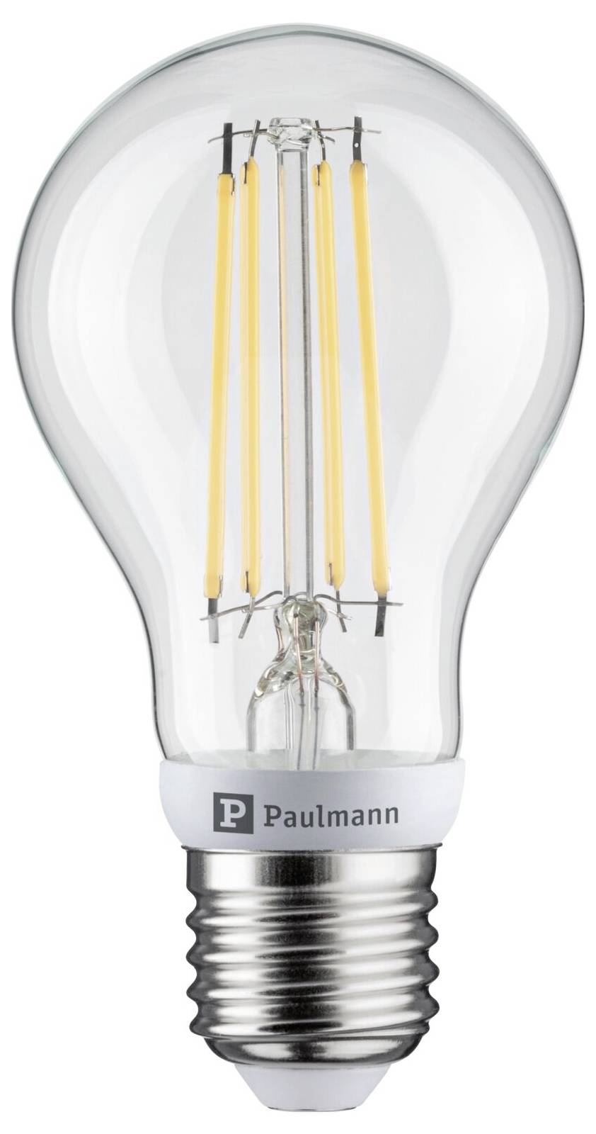 Klar LED-glödlampa med synligt glödtråd och "Paulmann"-märke på basen