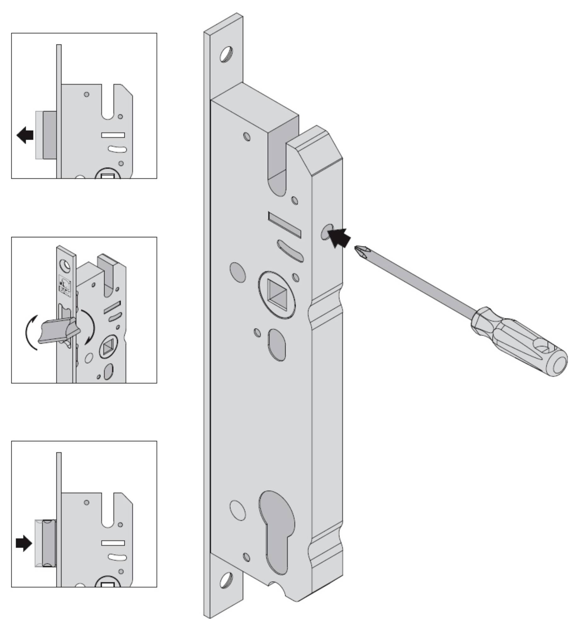 Diagram över ett dörrlås mortise som justeras med en skruvmejsel, med förstorade detaljer som visar låsfodret förskjutet in och ut inom dörrkanterna.