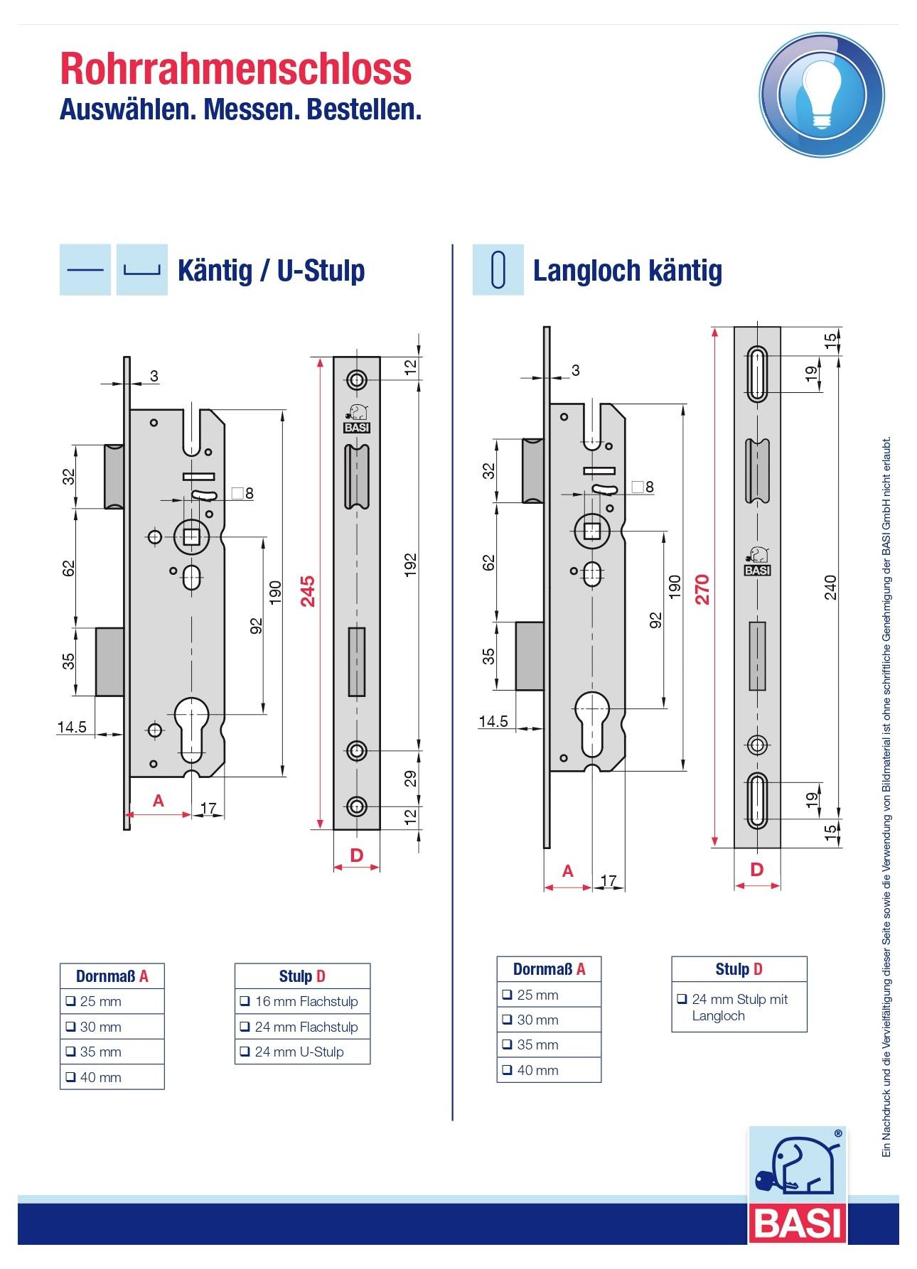 Teknisk ritning av ett rörramsrlås med två varianter: Kung/U-stulp och långhål kung, inklusive måttangivelser, borrhål och tapp-/stulpmål-alternativ.