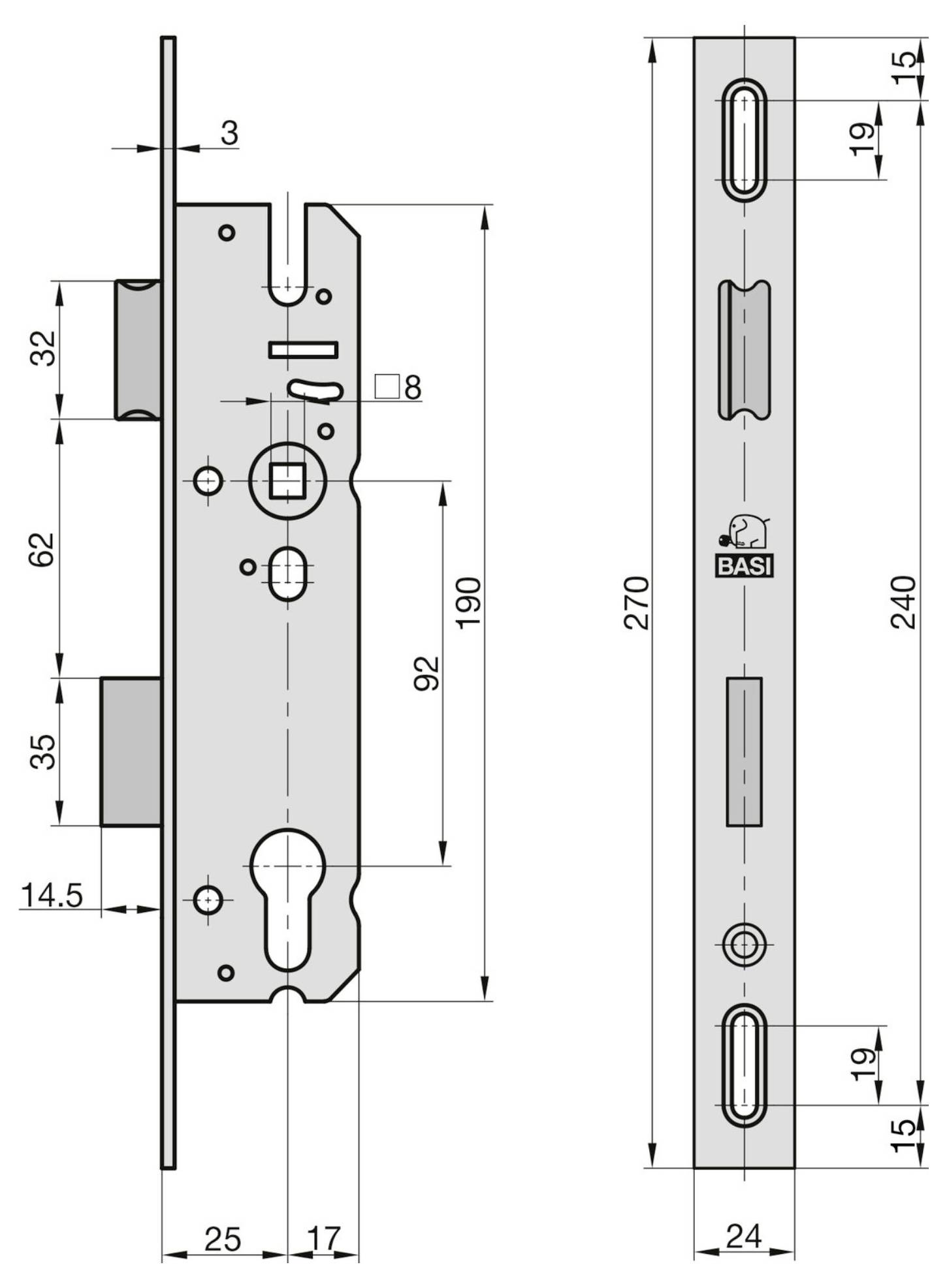 Teknisk ritning av ett smalt dörrlåsfack och förkläde, visad i front- och sidovyer med detaljerade dimensioner och monteringshål.