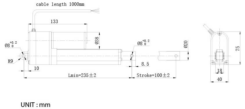 Teknisk ritning av en cylindrisk del med kabelns längd 1000 mm, som visar nyckeldimensioner i millimeter inklusive längd 133, slag 100±2, och diameter- och monteringsdetaljer.