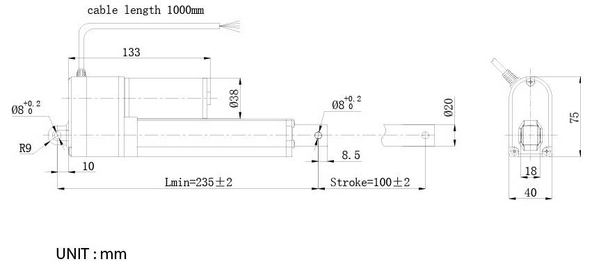 Teknisk dimensionsritning av en linjär aktuator i mm, visande kabellängd 1000 mm, kropp- och monteringsmått, slag 100±2, och total minimilängd 235±2.