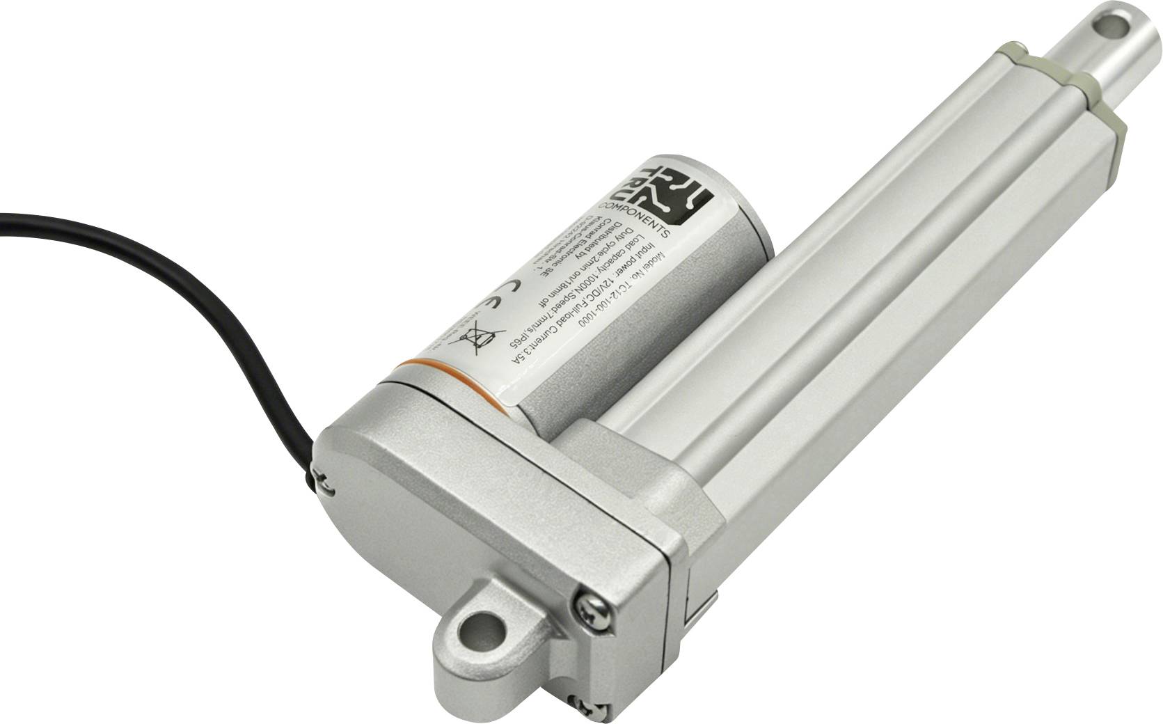 Silverfärgad linjär aktuatormotor med bifogad svart kabel och monteringsöglor, visad isolerad mot vit bakgrund.