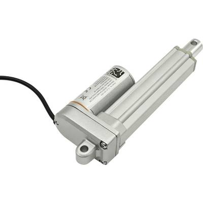 Silverfärgad linjär aktuatormotor med bifogad svart kabel och monteringsöglor, visad isolerad mot vit bakgrund.