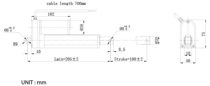 Teknisk ritning av en linjär aktuator med dimensioner i millimeter, som visar kabellängd 700 mm, minimilängd 205±2, slag 100±2 och ändvymätningar.