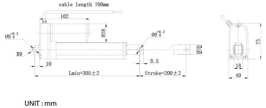 Teknisk dimensionering av en linjär aktuator i mm, som visar kabellängd 700mm, Lmin 305±2, slag 200±2 och monteringsdimensioner.