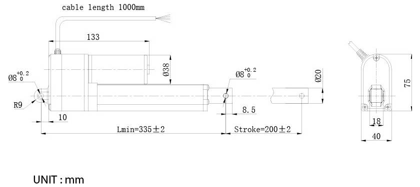 Teknisk dimensionering av en linjär aktuator med kabelns längd 1000 mm, som visar sido- och ändvyer, viktiga dimensioner, slag 200±2 mm, och enheter i millimeter.