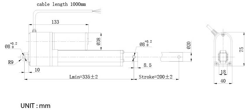 Teknisk dimensionsritning av en kabelaktuator, som visar total längd, slag 200±2 mm, minimilängd 335±2 mm, och enhetsdimensioner i mm.