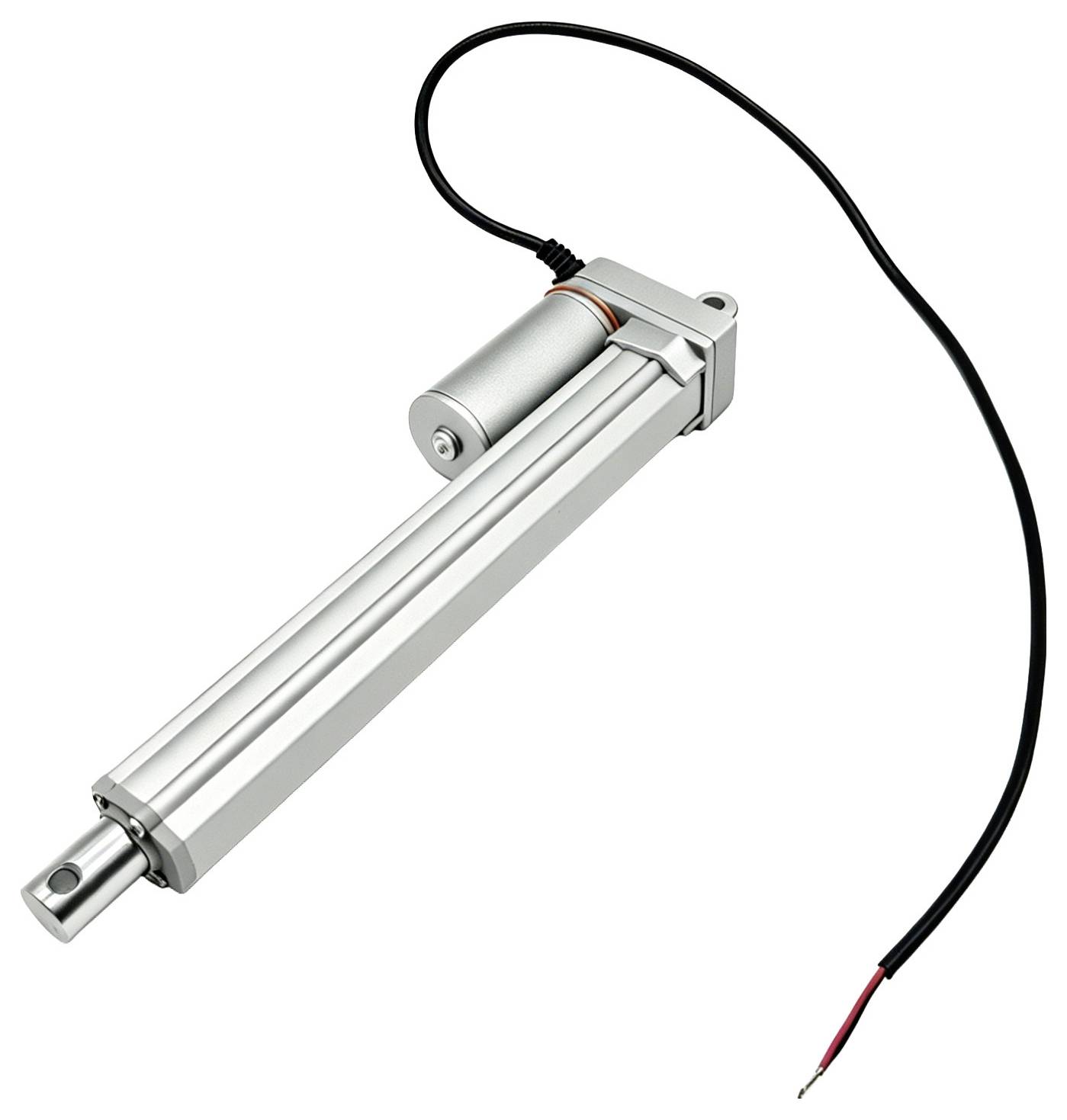 Elektrisk linjär aktuator med silver metallhölje, förlängd stång och bifogad svart strömkabel med exponerade röda och svarta trådändar.