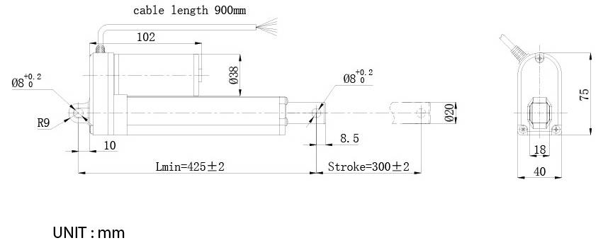 Teknisk ritning av en linjär aktuator i millimeter, visar fram- och sidovy med dimensioner, slag 300±2, minimilängd 425±2 och kabelns längd 900 mm.