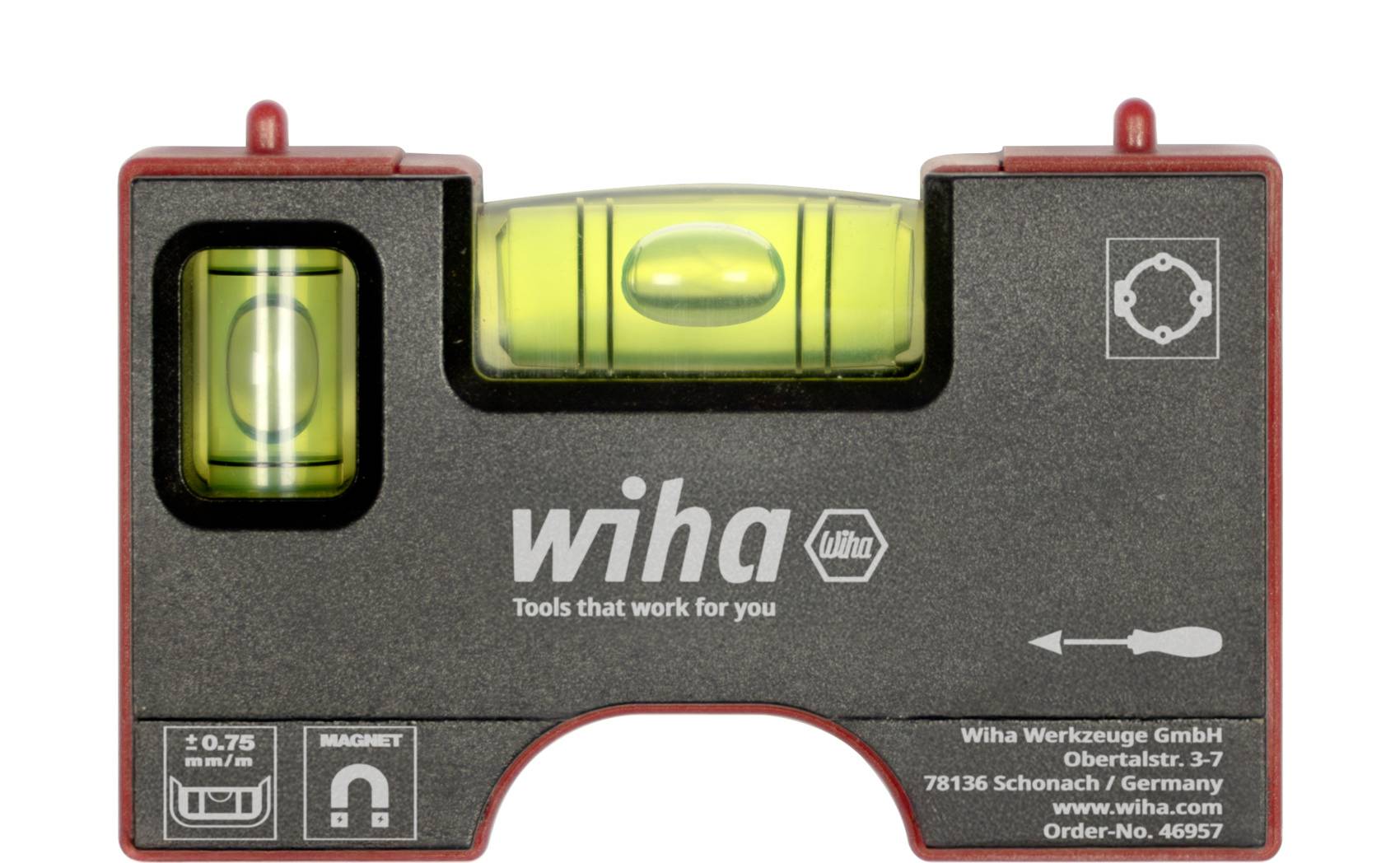 Svart Wiha vattenpass med tre bubbelglasrör och röda ändhättor, visar Wiha-logotypen och texten "Tools that work for you".