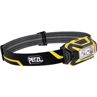 En svart och gul Petzl-pannlampa med justerbar rem och två frontala LED-lampor, visad mot en vit bakgrund.