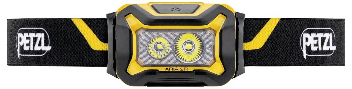 Petzl ARIA 2R pannlampa med svart och gul justerbar rem, visad framifrån med två LED-lampor.