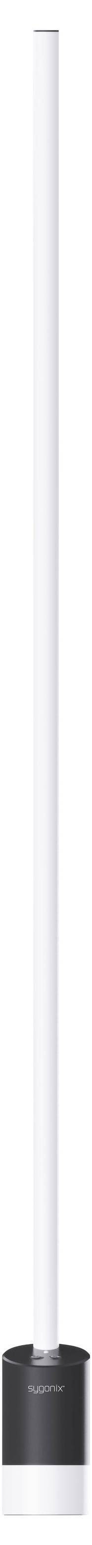 En vit cylindrisk lampa eller belysningsarmatur med en mörkgrå bas, visad stående upprätt mot en enkel bakgrund.
