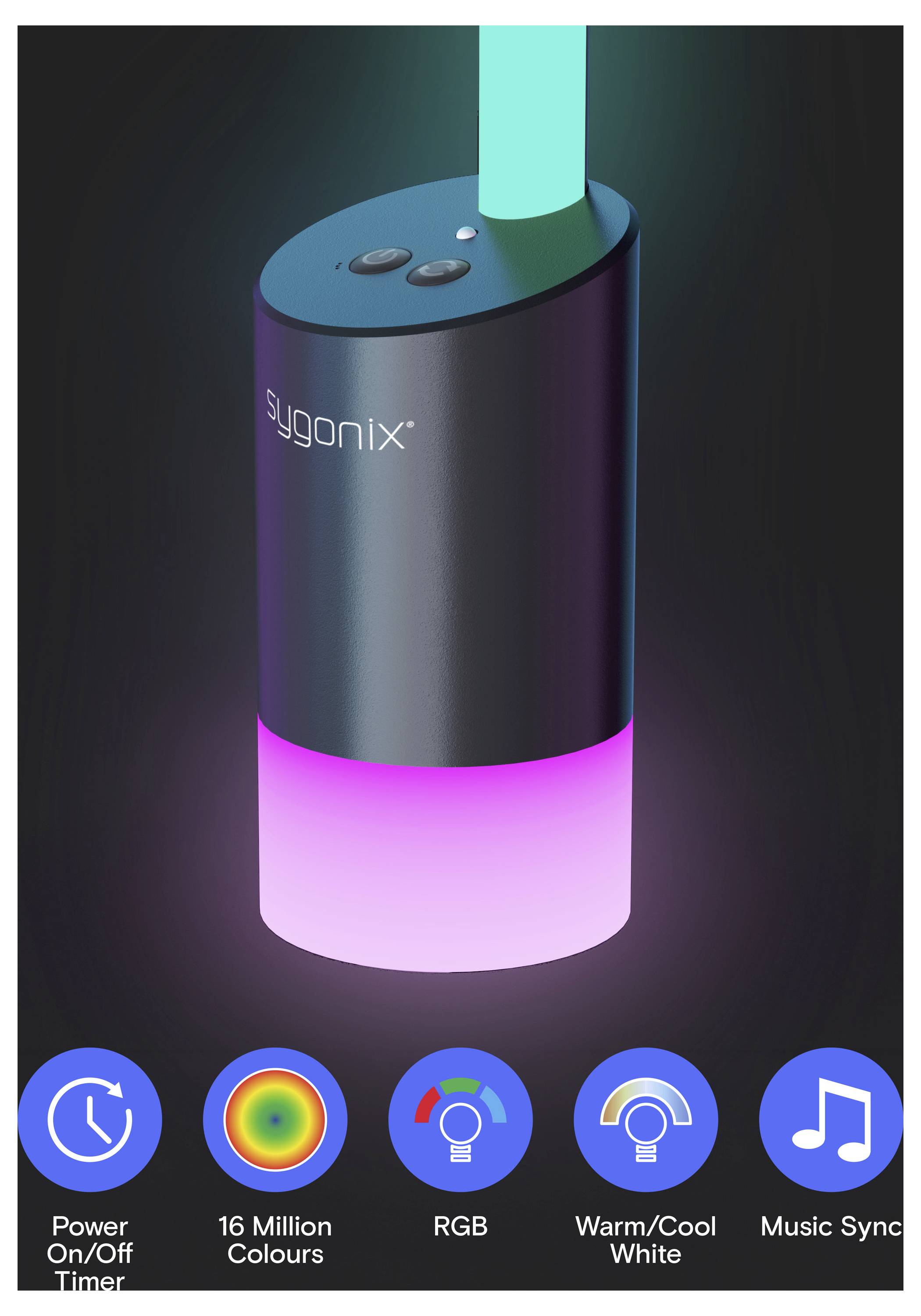 Produktbild av en Sygonix cylindrisk LED-lampa med kontroller på toppen och en lysande färgskiftande bas; ikoner visar krafttimer, 16 miljoner färger, RGB, varm/cool vit och musiksynkronisering.