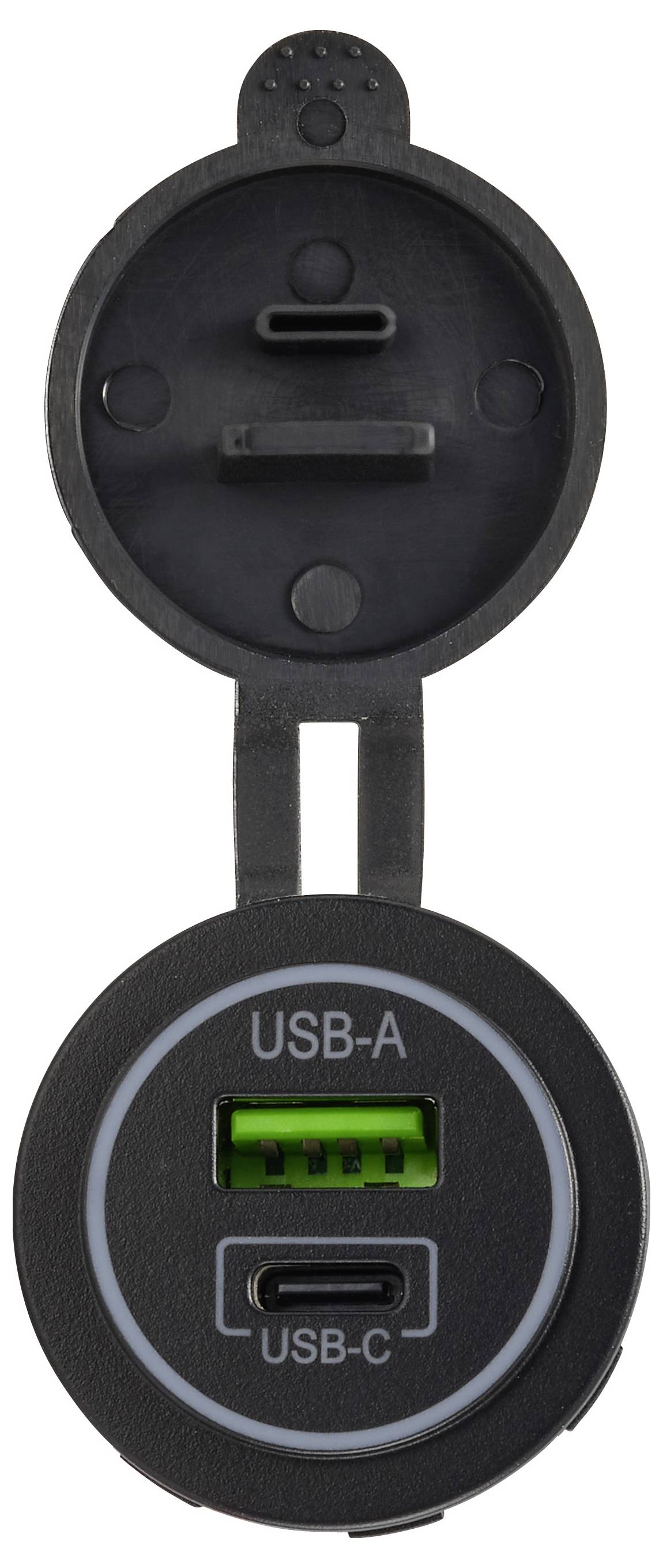 Svart rund USB-laddningspanel med en USB-A-port och USB-C-port, visad framifrån på en vit bakgrund.