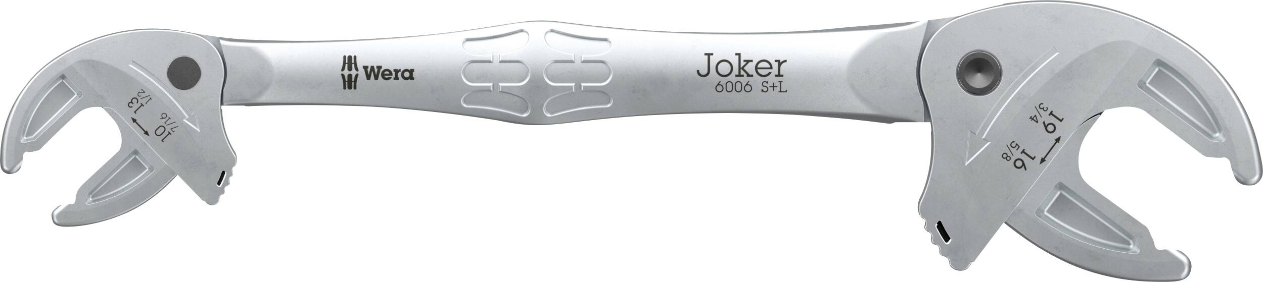 Justerbar Wera Joker 6000 S+L skiftnyckel med öppna käftar i båda ändarna, visad i silver på vit bakgrund.