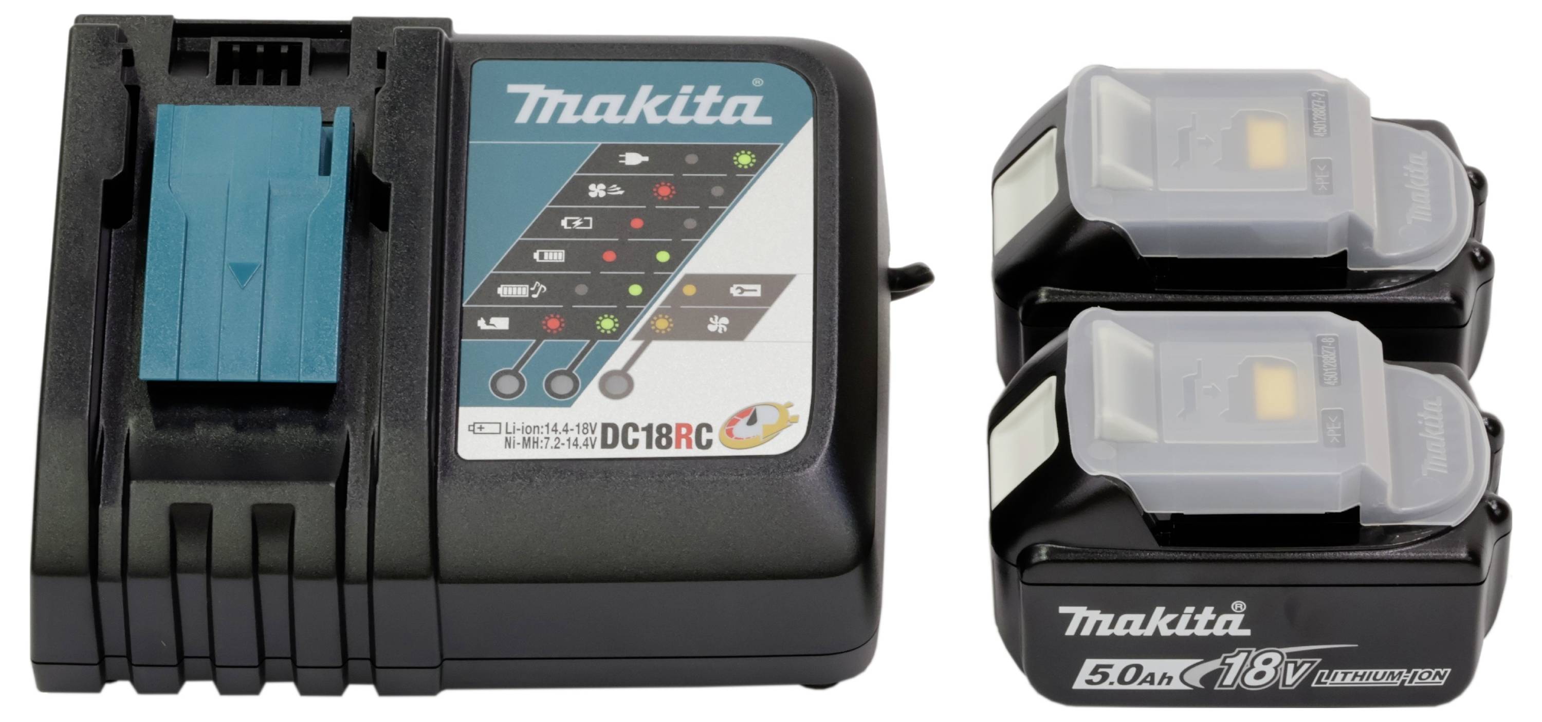 Makita-batteriladdare bredvid två 18V litium-jon-batterier, som visar laddningsenheten och kompatibla batteripaketen.