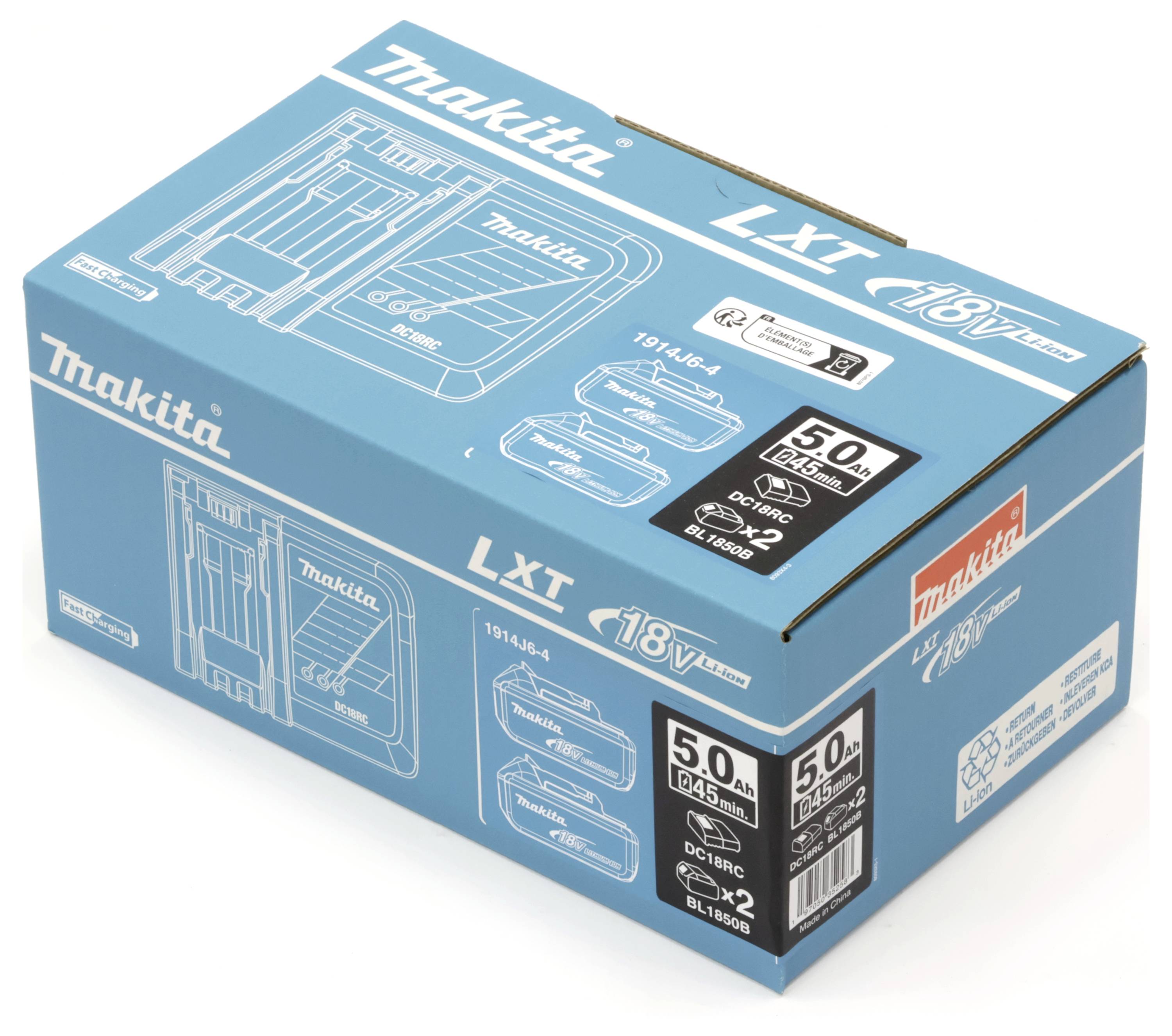 Blå Makita LXT 18V-låda med produktdiagram och 5.0Ah-batterietiketter på förpackningen