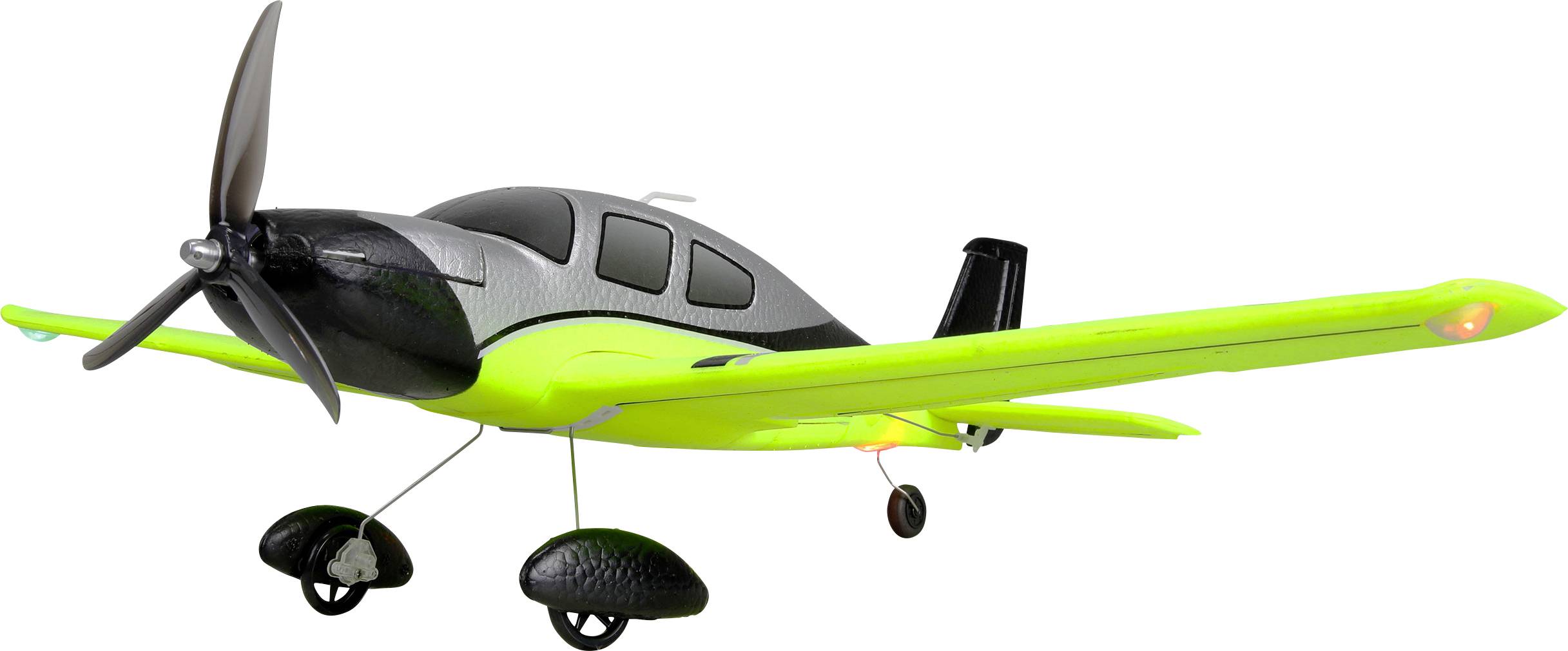 Litet enfläkt propellerflygplan med svart och neongrön kropp på vit bakgrund, visad i sidovy.