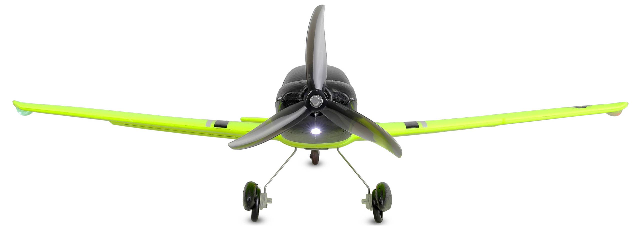 Frontvy av ett litet modellflygplan med ljusa gröna vingar och en svart propeller, visad på en vit bakgrund.