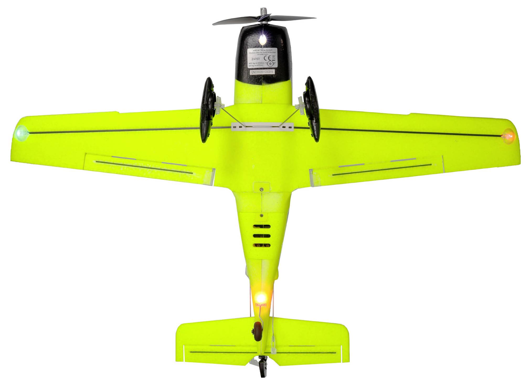 Ovanifrån-vy av ett neongrön fjärrstyrt flygplan med en svart cockpit och propeller på en vit bakgrund.