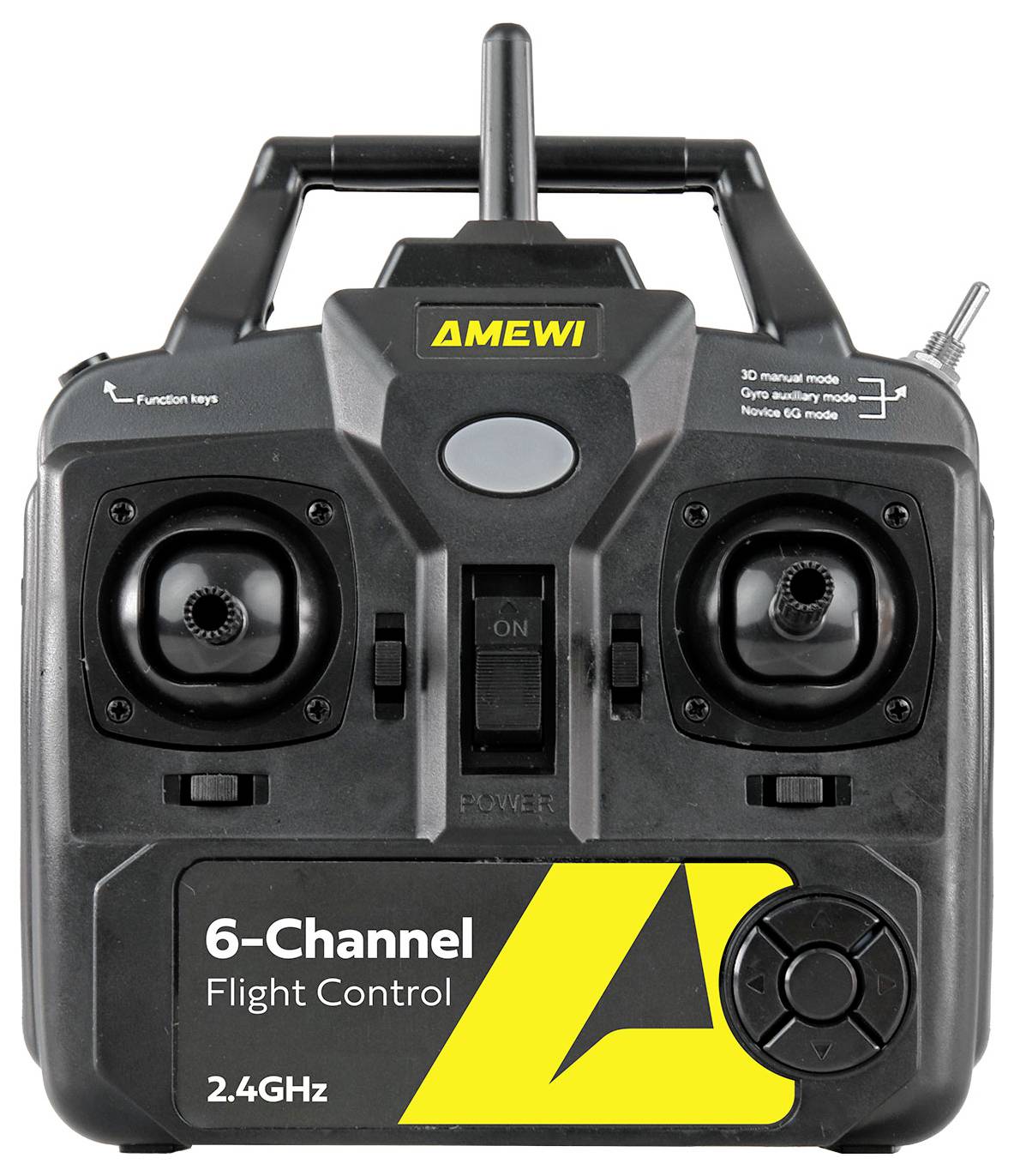 Svart AMEWI 6-kanals 2,4GHz-flygkontrollradiosändare med två joysticks och lägesomkopplare, visad framifrån.