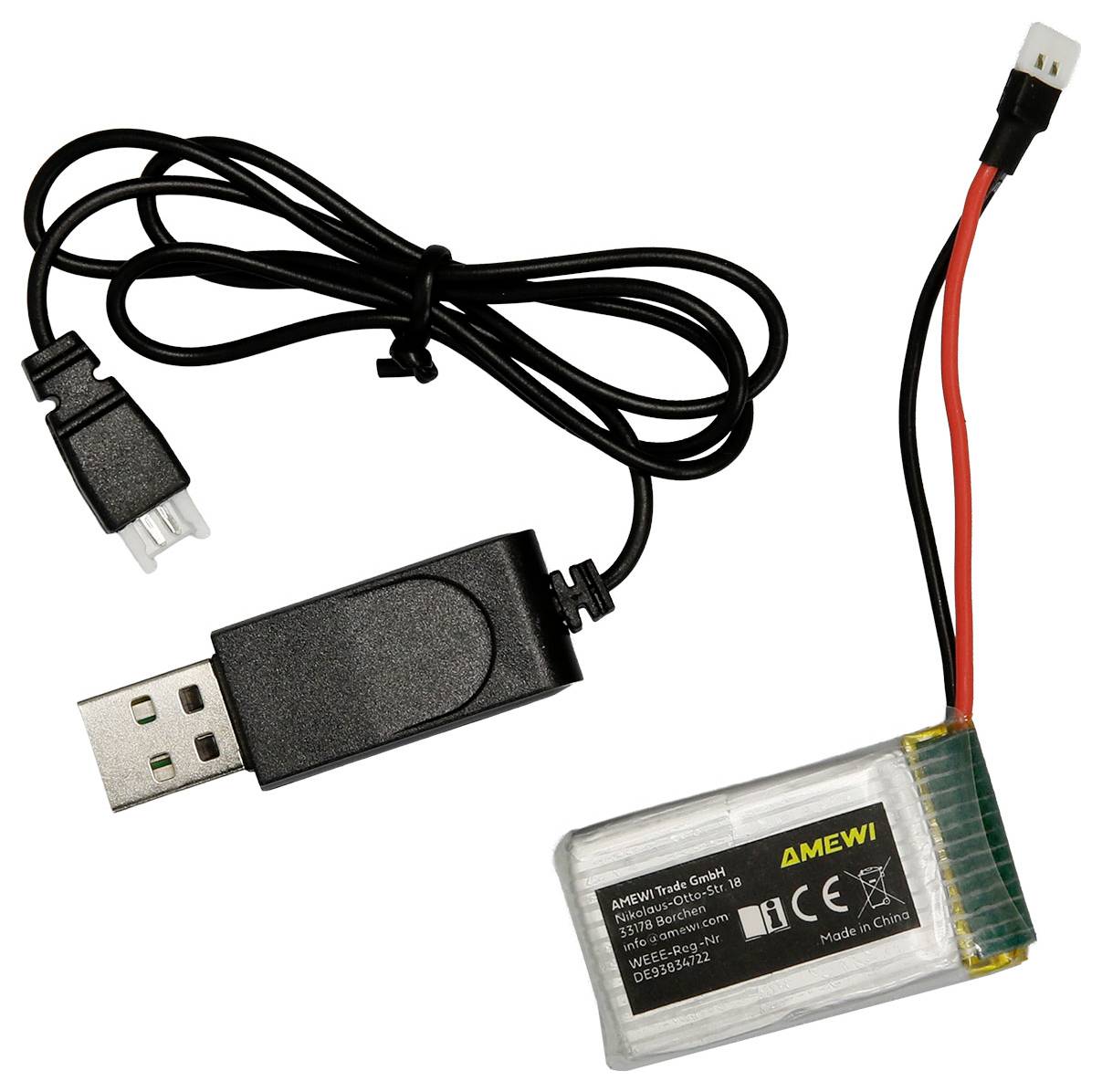 USB-laddnings-/datakabel och litet uppladdningsbart batteripaket med en JST-stil kontakt på en vit bakgrund.