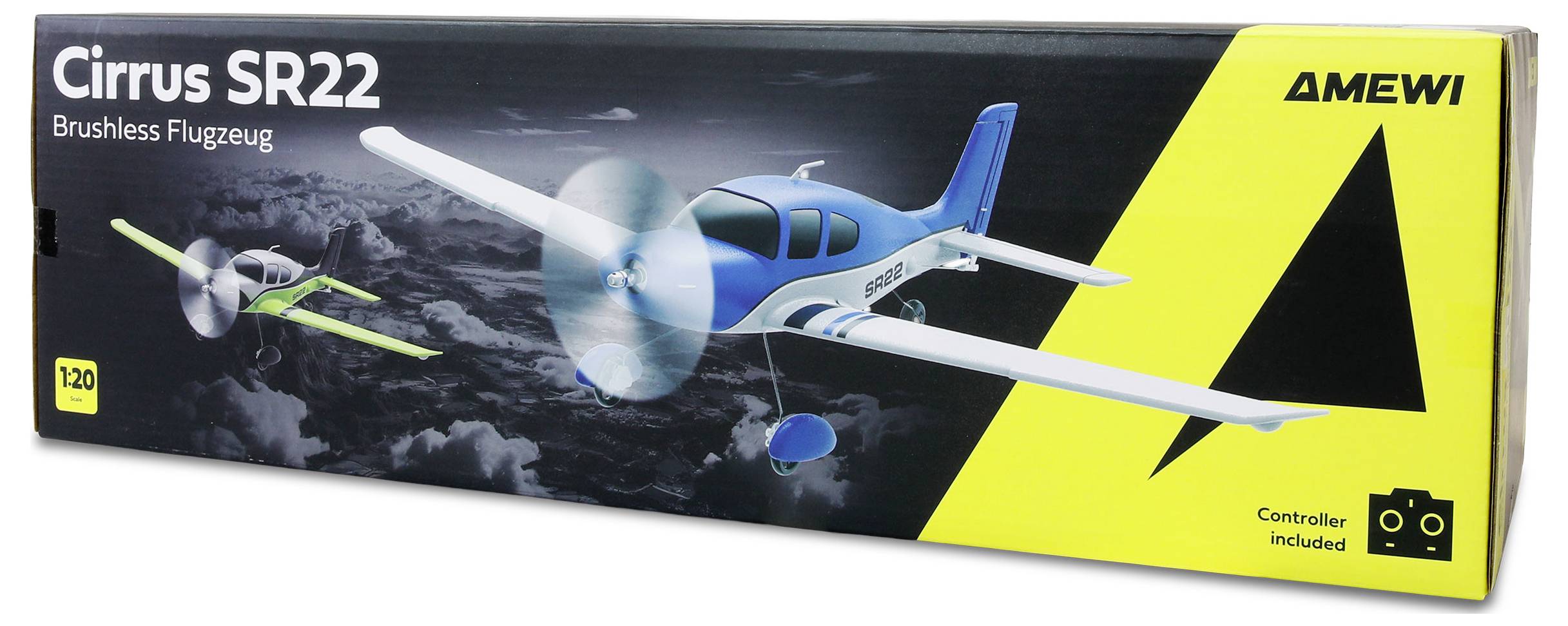 Cirrus SR22 AMEWI borstlös flygplanmodellsats låda som visar ett blåvitt flygplan, propeller och etiketten "Kontroller ingår".