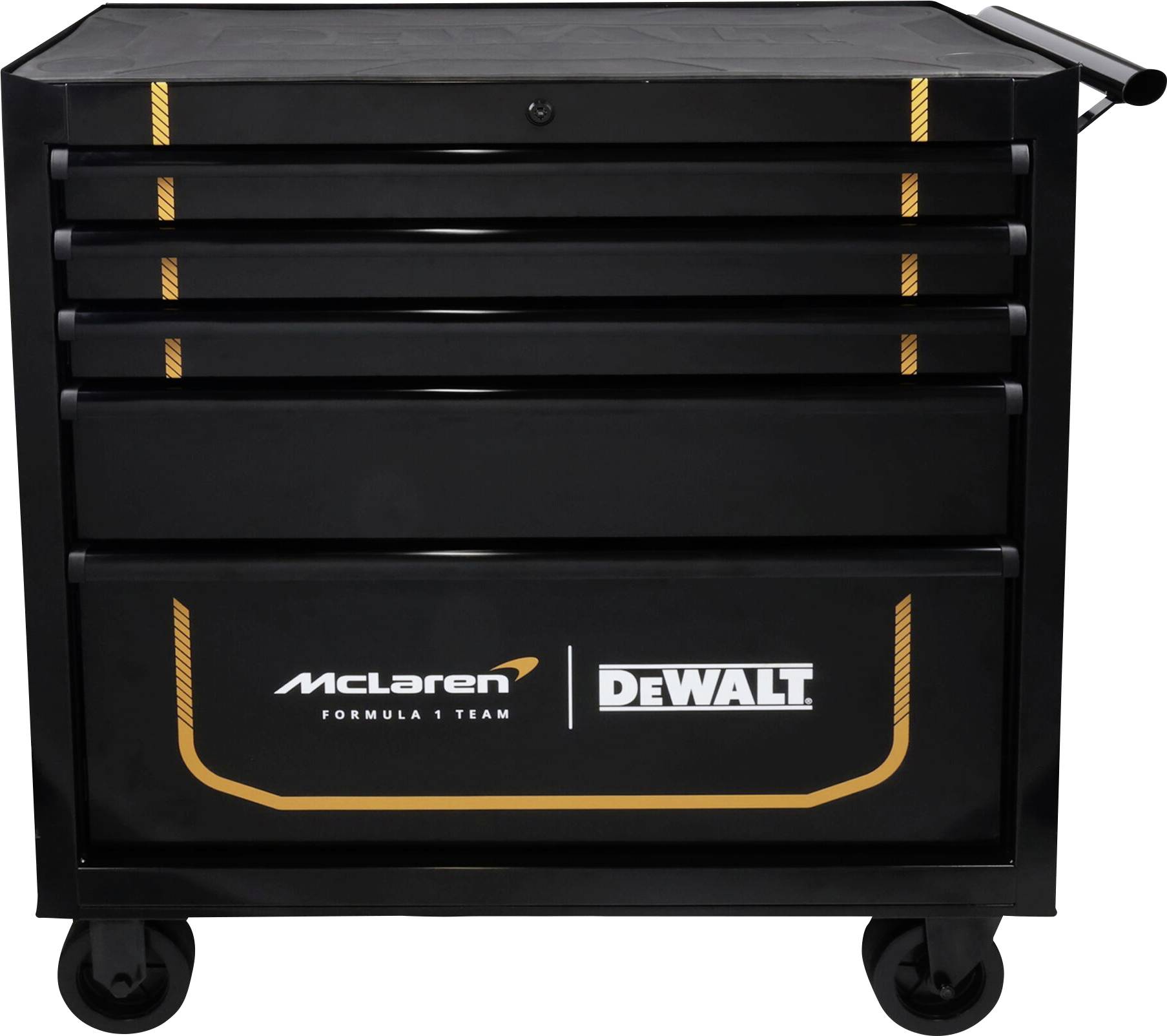 Svart rullbar verktygsväska med flera lådor och McLaren Formula 1-lag samt DEWALT-logotyper på framsidan.