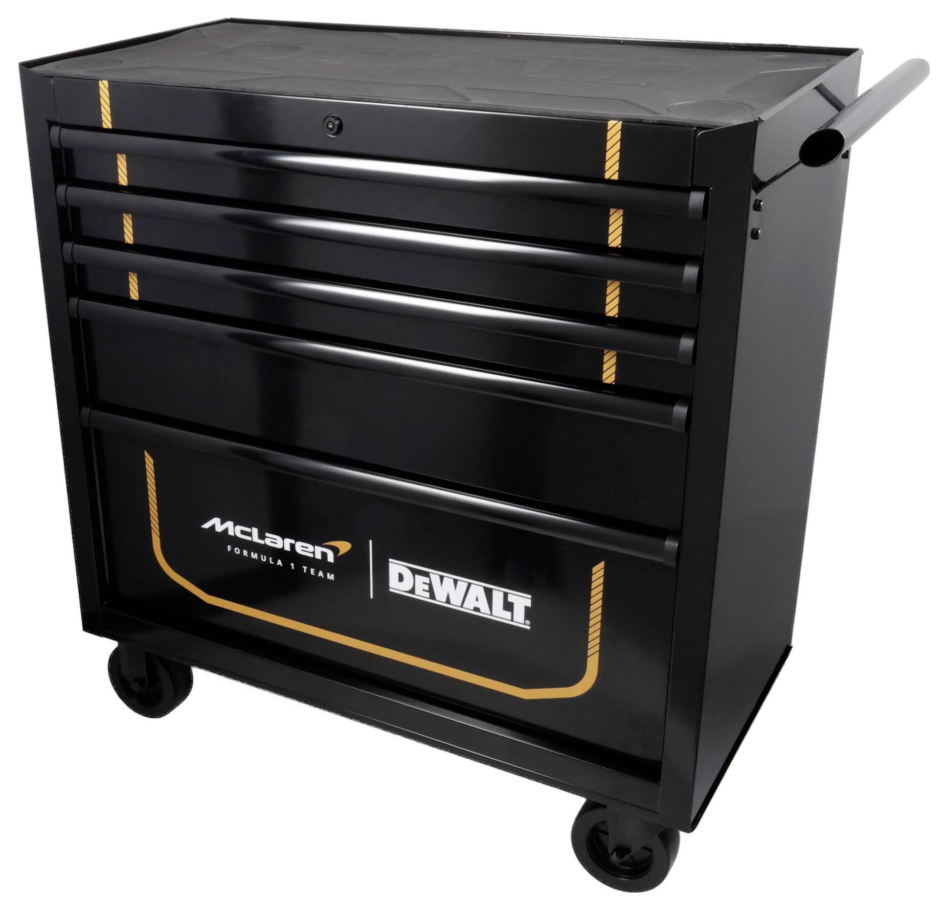 Svart rullade verktygslåda med fyra lådor, McLaren Formula 1 Team och DEWALT logotyper, sidohandtag och hjul.
