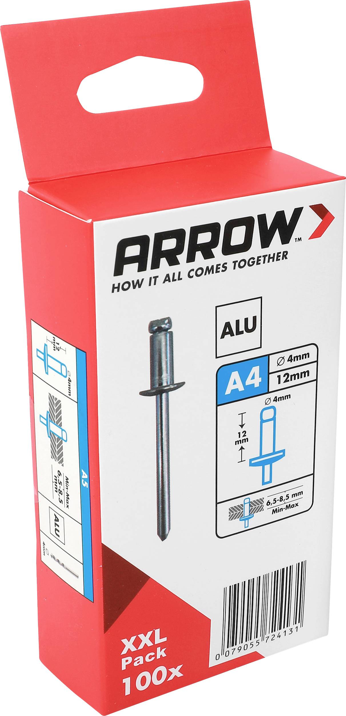 Röd Arrow-låda med aluminiumblindnitar i storlek A4, märkt "xxl pack 100x" med produktdiagram och streckkod.