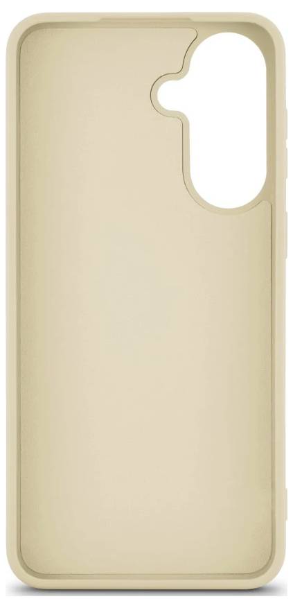 Beige telefonskydd med en stor vertikal kameraöppning i övre högra hörnet och en slät, enkel baksida.