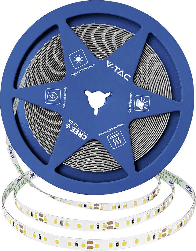 Blå V-TAC LED-remsa på rulle med upprullad vit LED-tejp och synliga diodchips på rullen.