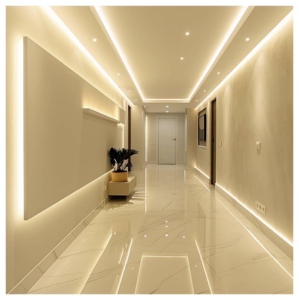Modern minimalistisk hall med inbyggd tak- och golvbelysning, glansiga marmorliknande plattor, väggöppning med växt och en dörr i änden.