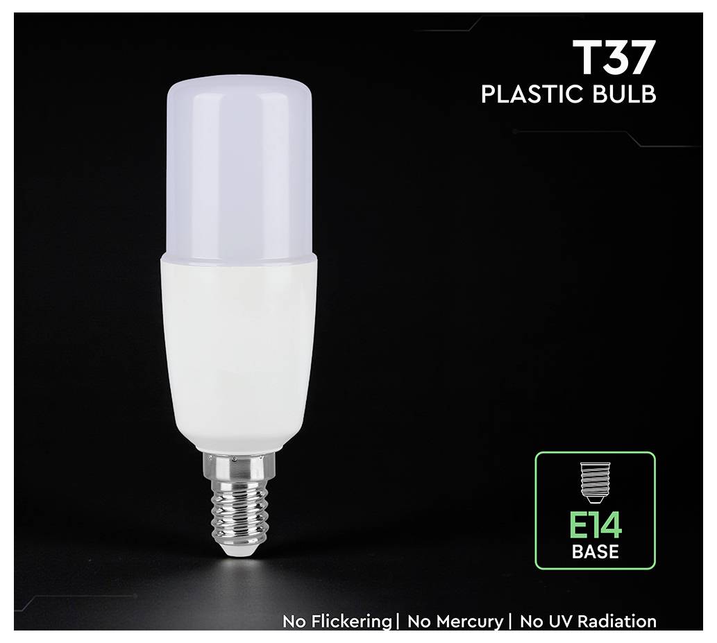 Produktbild av en T37 glödlampa i plast med E14-sockel; texten framhäver ingen flimring, kvicksilver eller UV-strålning.
