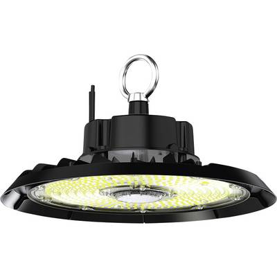 Svart industriell LED-högt ljus med upphängningsringfäste och cirkulär reflektor, visad på vit bakgrund.