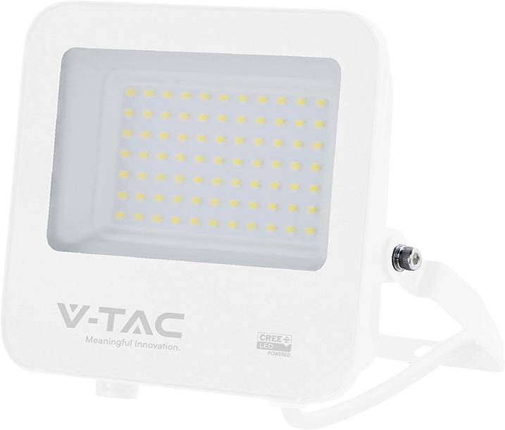 Vit V-TAC LED-strålkastare med rektangulär panel och monteringsfäste på en enkel bakgrund.