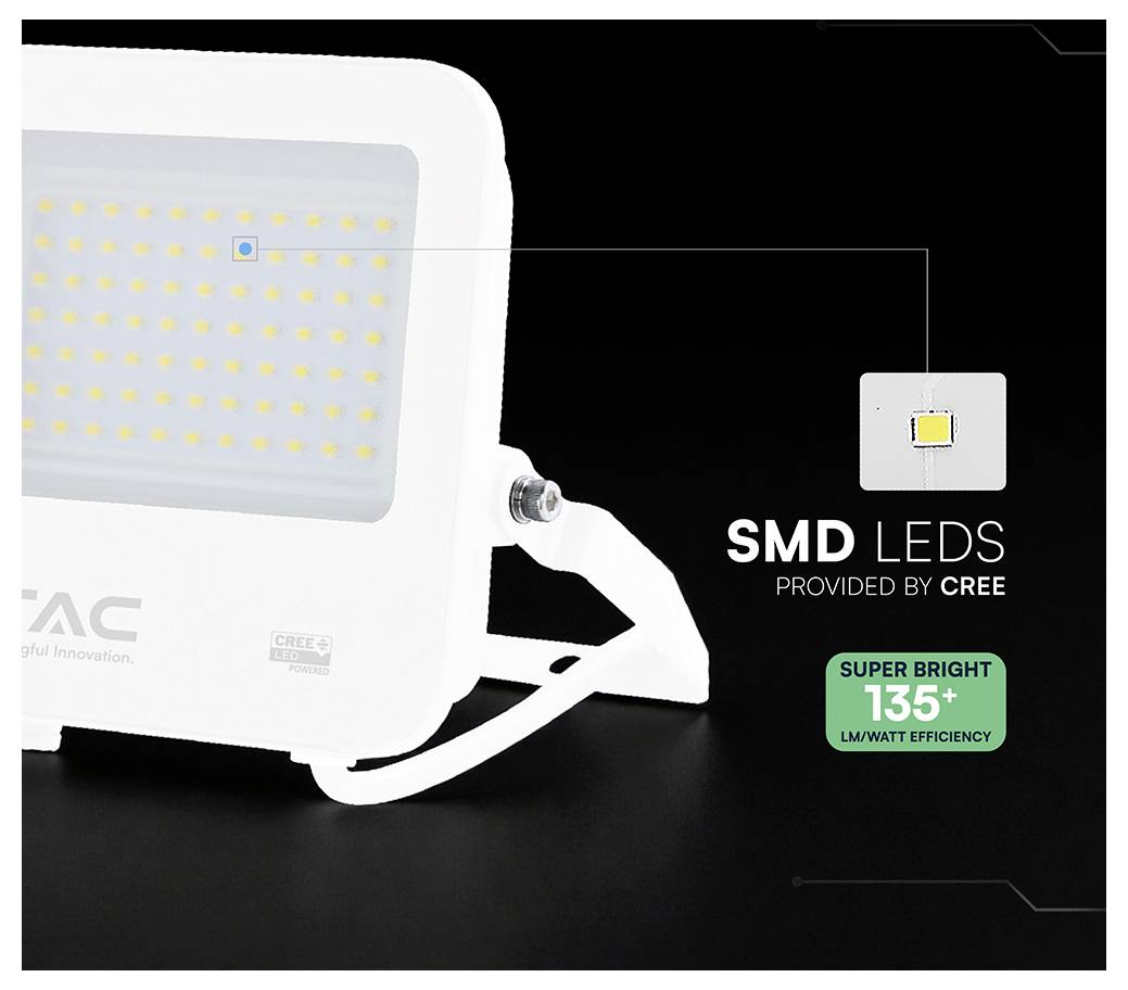 Annons för en vit LED-strålkastare med sina SMD-LED:er, märkt 'SMD LED:er från CREE' och 'Superljus 135+ lm/Watt effektivitet'.