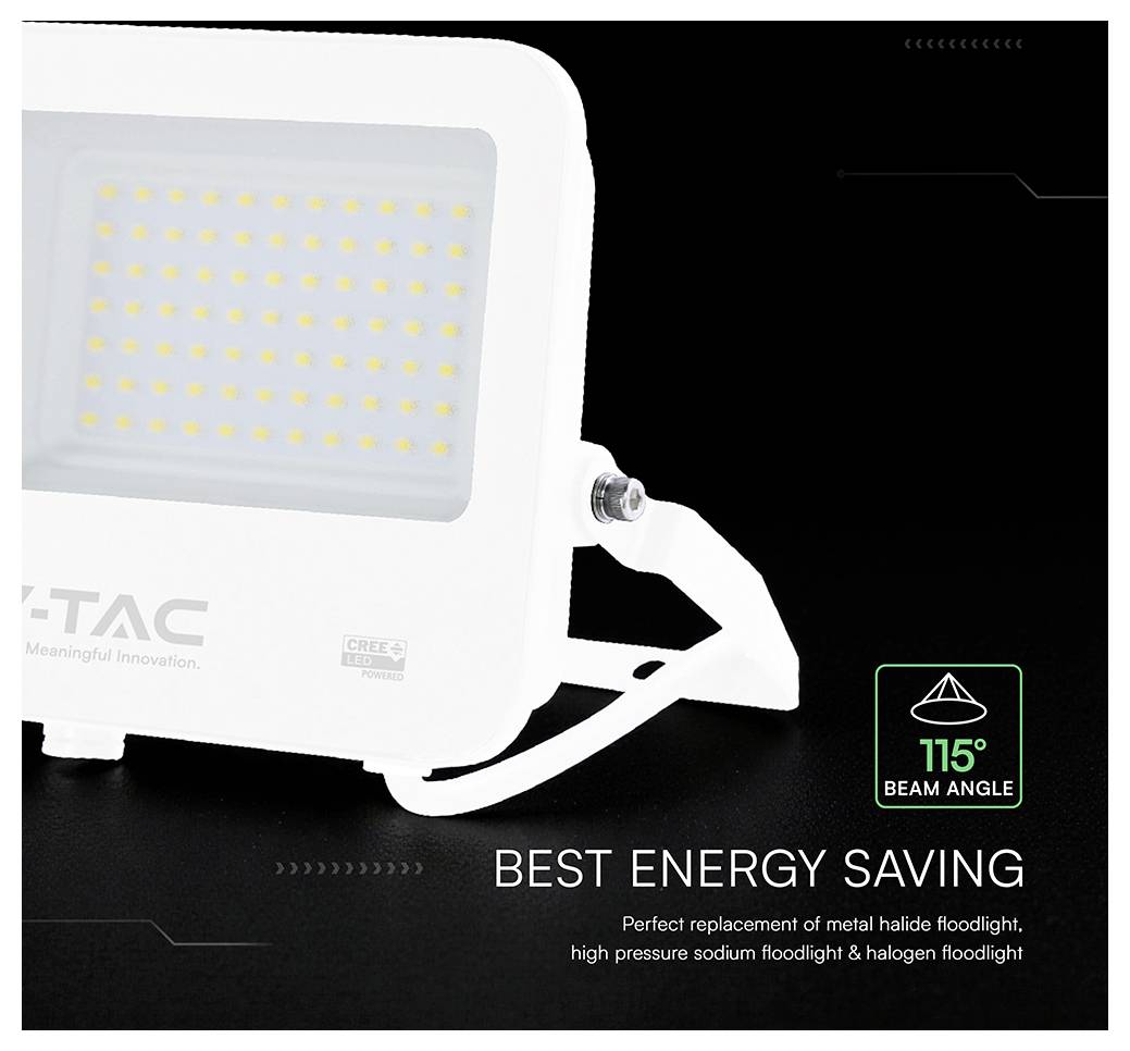 Produktbild av en vit LED-strålkastare med 115° strålningsvinkel, märkt "BÄSTA ENERGISPARANDE" och visad som ersättning för metallhalid-, natrium- och halogenstrålkastare.