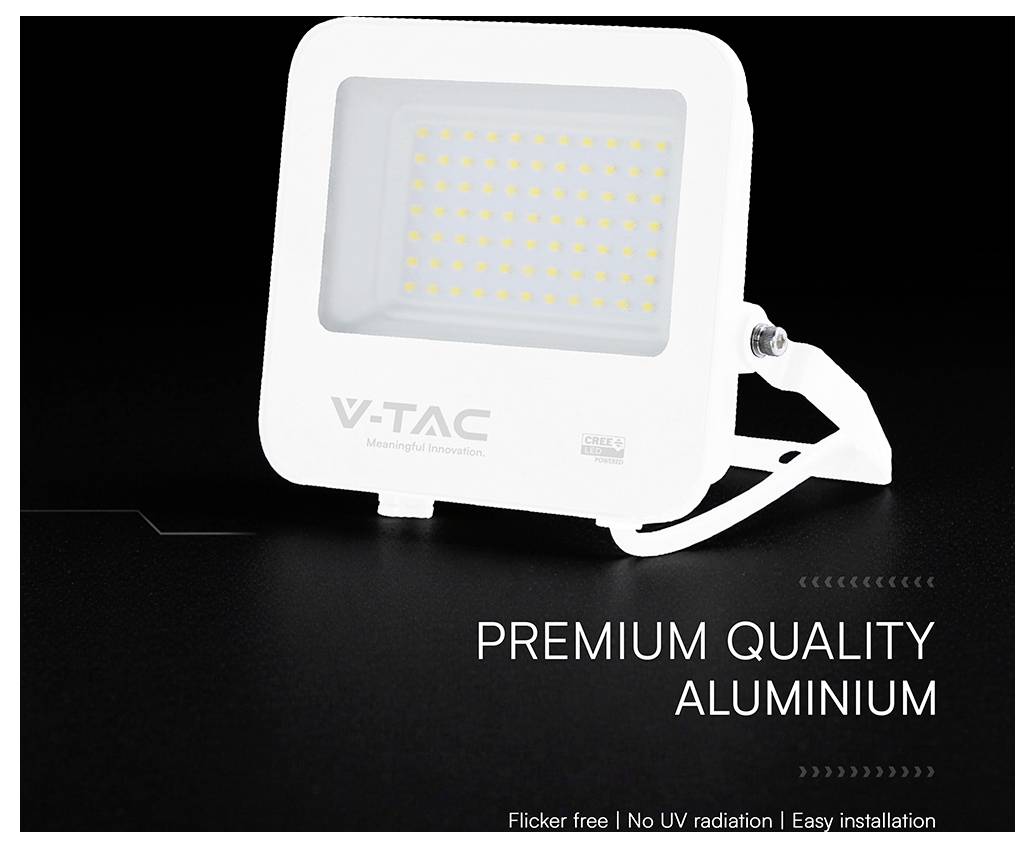 Vit V-TAC LED-strålkastare på svart bakgrund med texten "PREMIUMKVALITET ALUMINIUM" och funktioner "Flimmerfri | Ingen UV-strålning | Enkel installation".