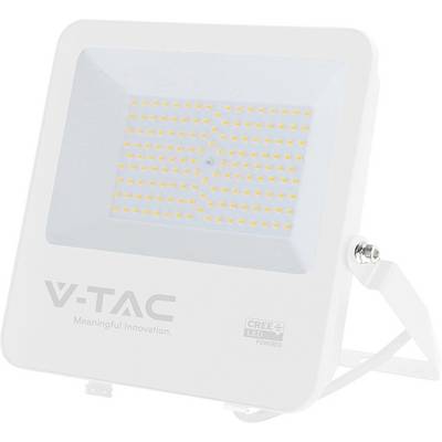 Vit LED-strålkastare med justerbar fäste och upplyst panel, visad mot en enkel bakgrund.