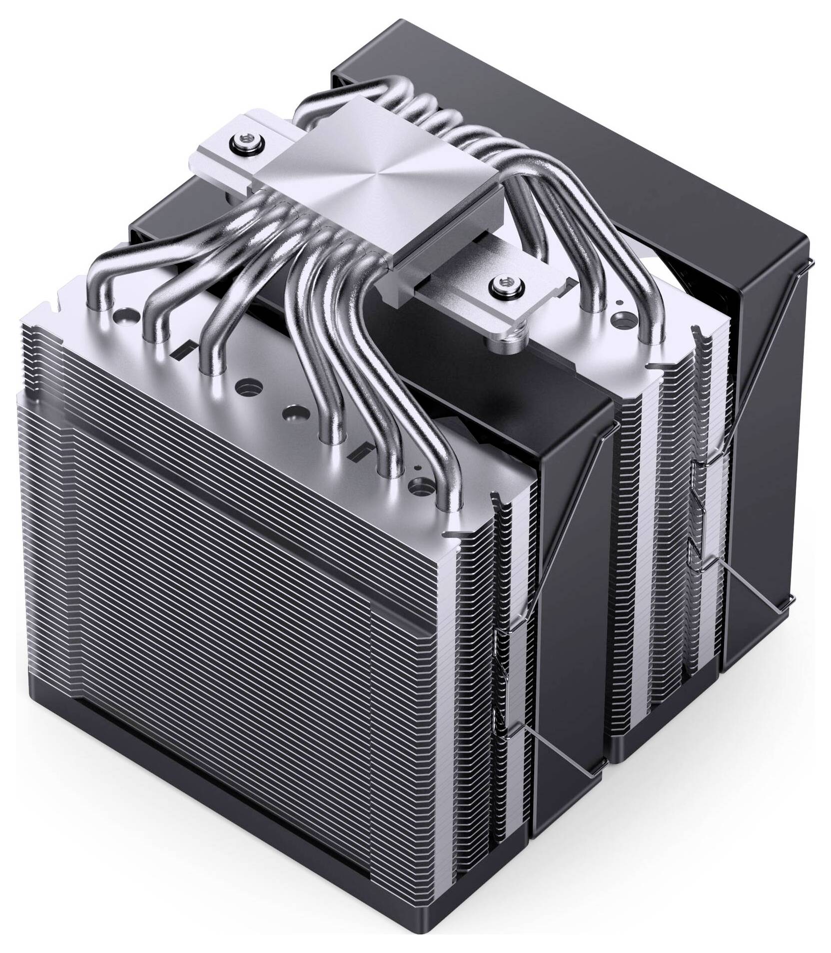 3D-rendering av en CPU-kylarе med staplade metallribb, värmerör och fläkthus för datorkylning av processorer.