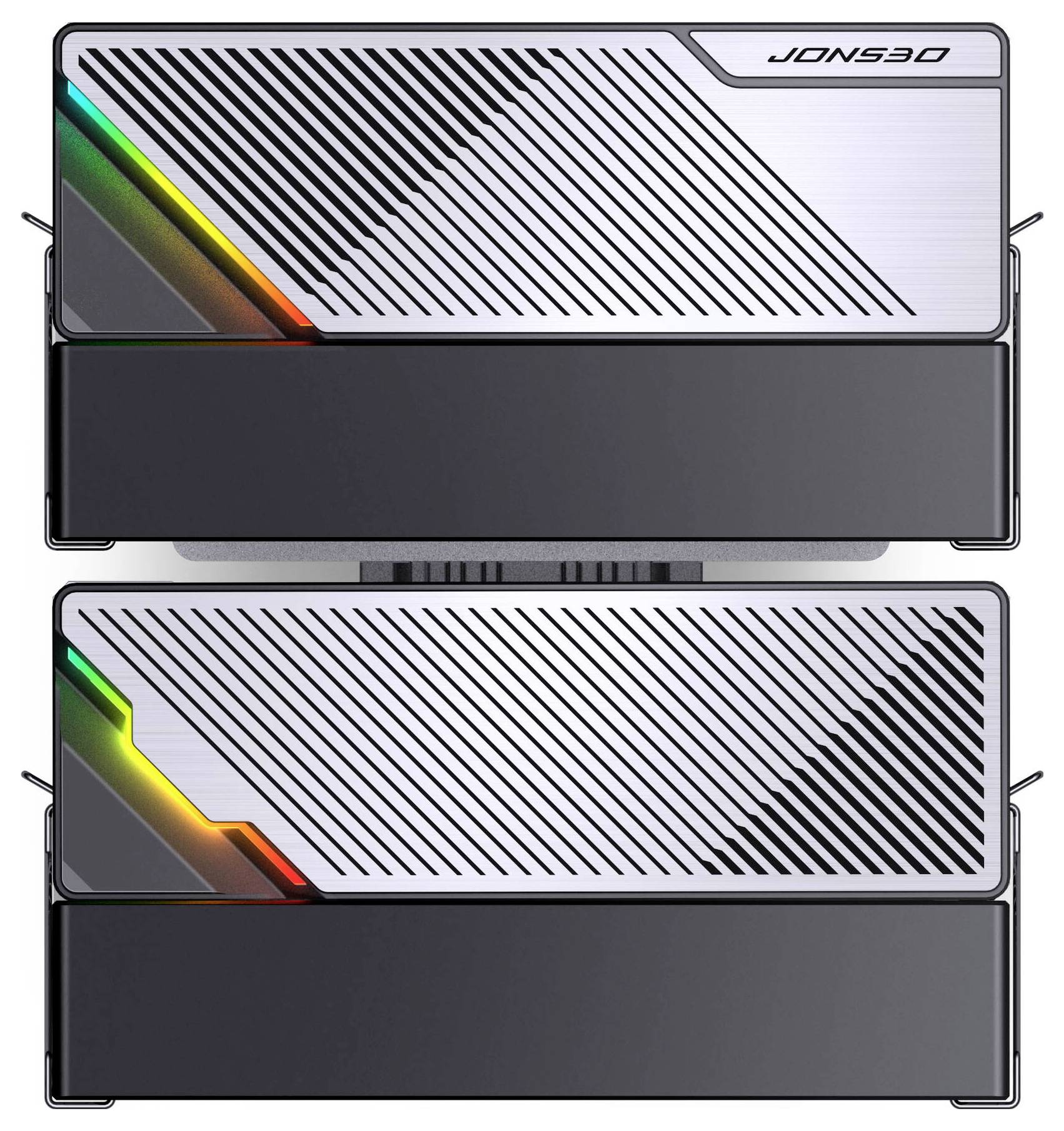 Två silver-och-svarta JONSBO PC-chassin staplade vertikalt, var och en med diagonala randelpanek och RGB-belysta detaljer på vänster sida.