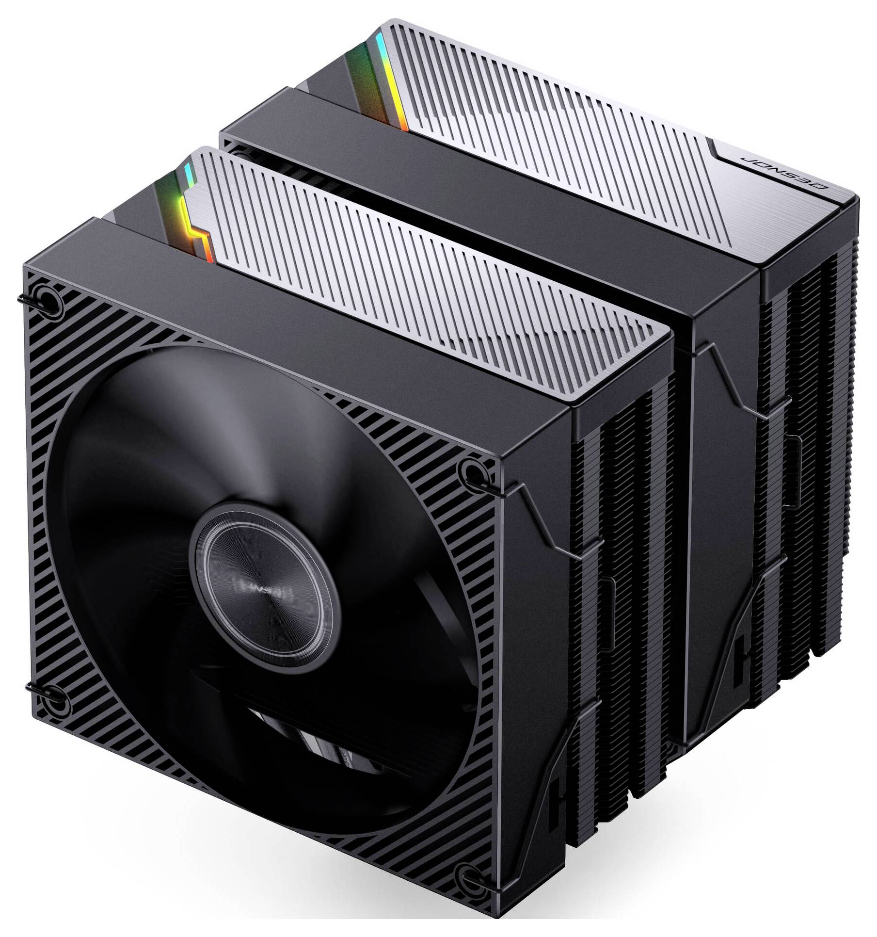 Dubbel-torn CPU-luftkylare med stor framfläkt och aluminiumvärmefenor, visad i svart på vit bakgrund.