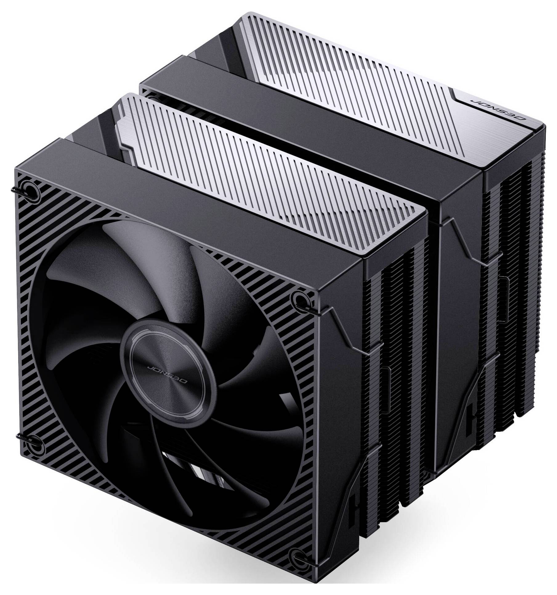 Svart datorkylare för CPU med en stor främre fläkt och staplade kylarfenor på vit bakgrund.