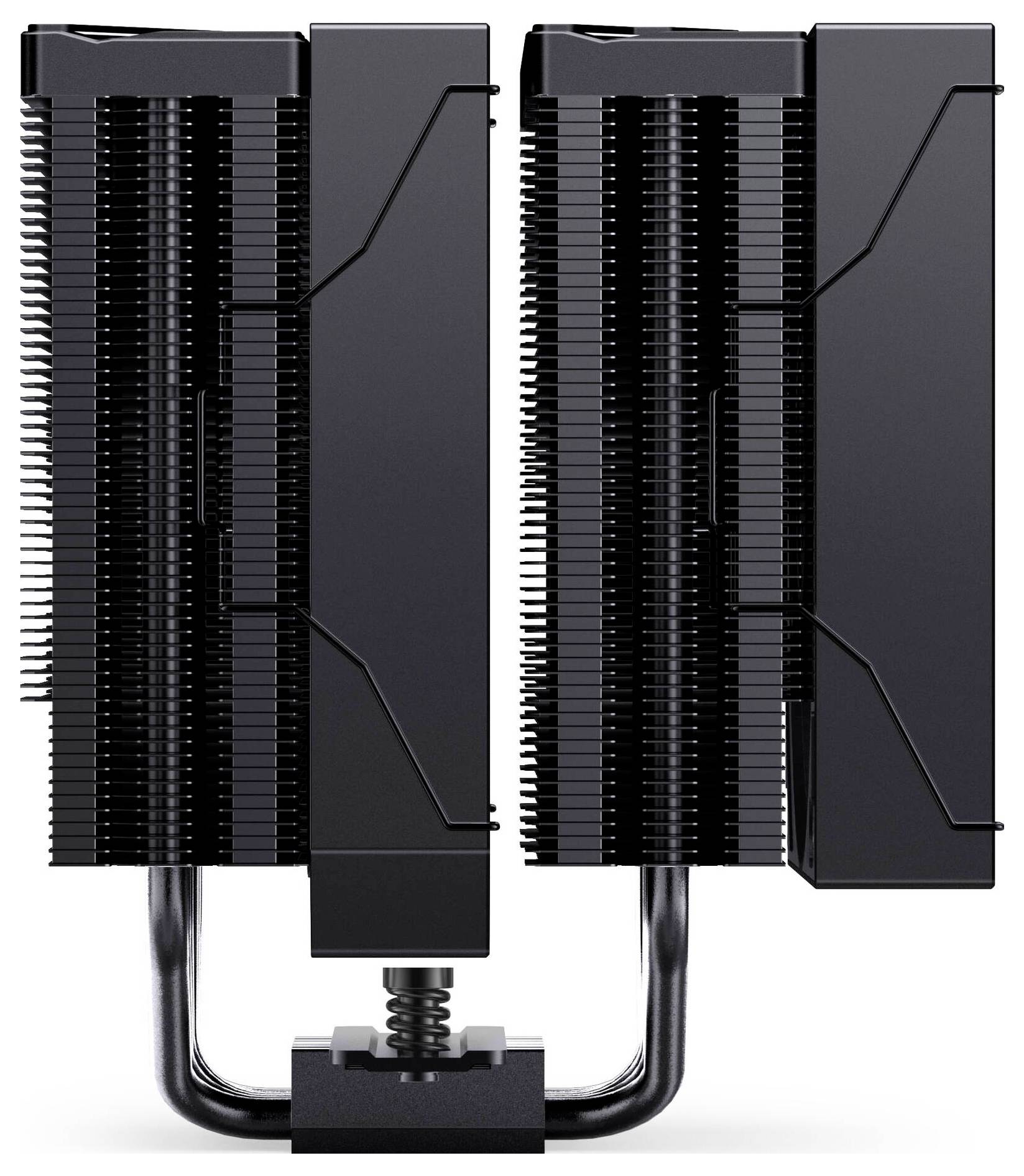 Svart dual tower CPU-luftkylare med två finnstaplar, fläktar och kopparvärmrör monterade på en bas.