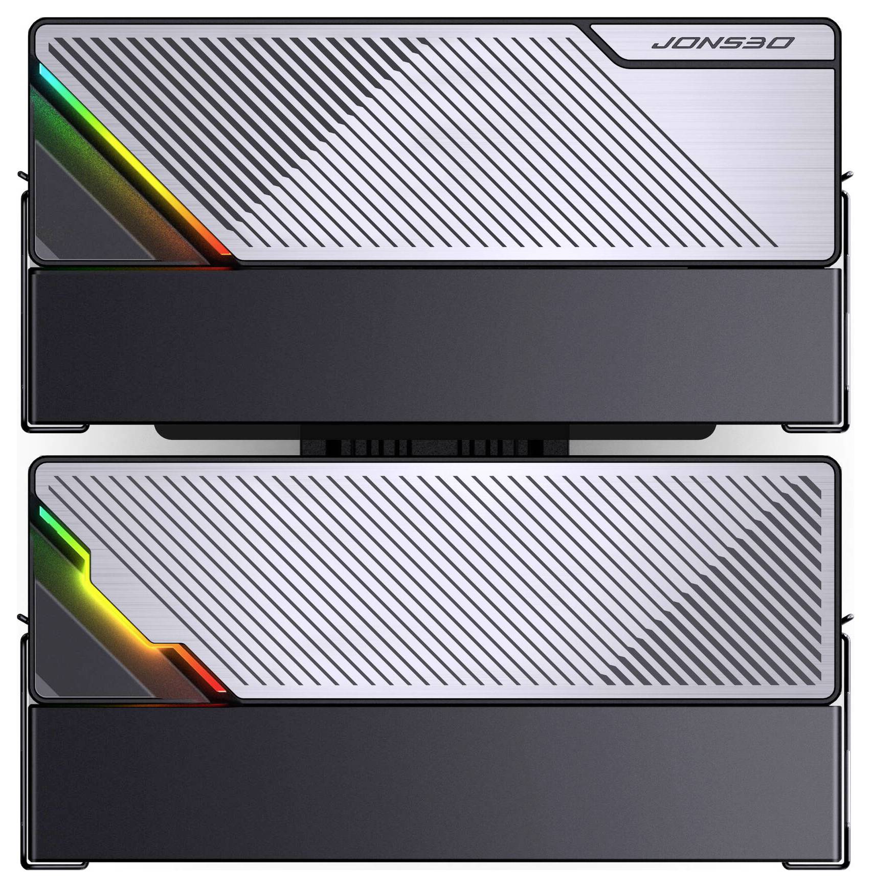 Två JONSBO-datorskal staplade vertikalt, var och en med en diagonalrandig silverfrontpanel och svart nedre sektion, accentuerade av en grön-gul-röd LED-remsa på vänster sida.