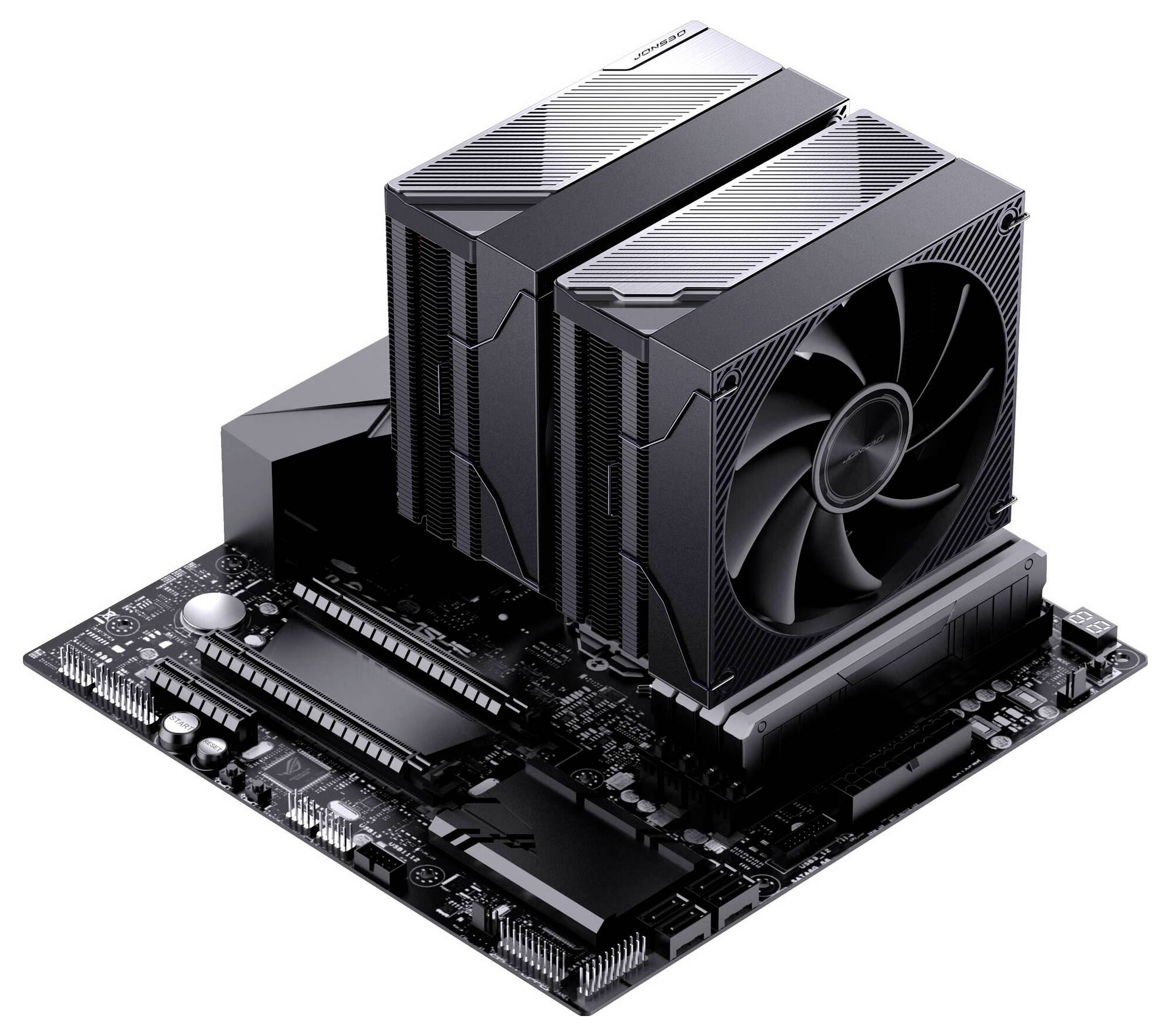 En datormöderboard med en stor svart CPU-kylare och fläkt monterad på toppen.